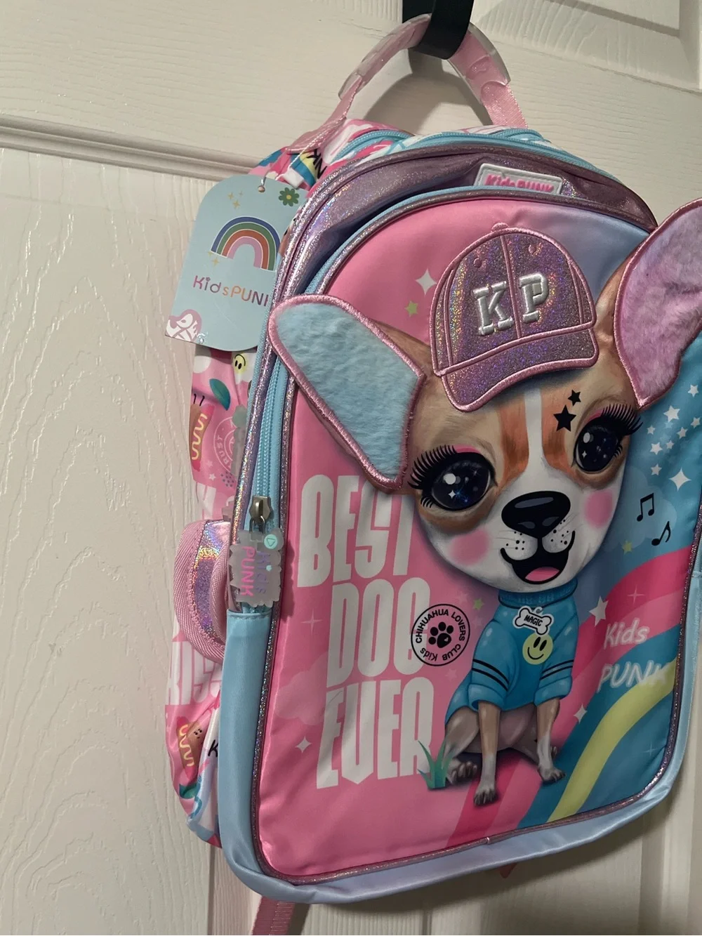 KidsPUNK Chimola Best Dog Ever Chihuahua Backpack glitter cap 3D plush ears sz L